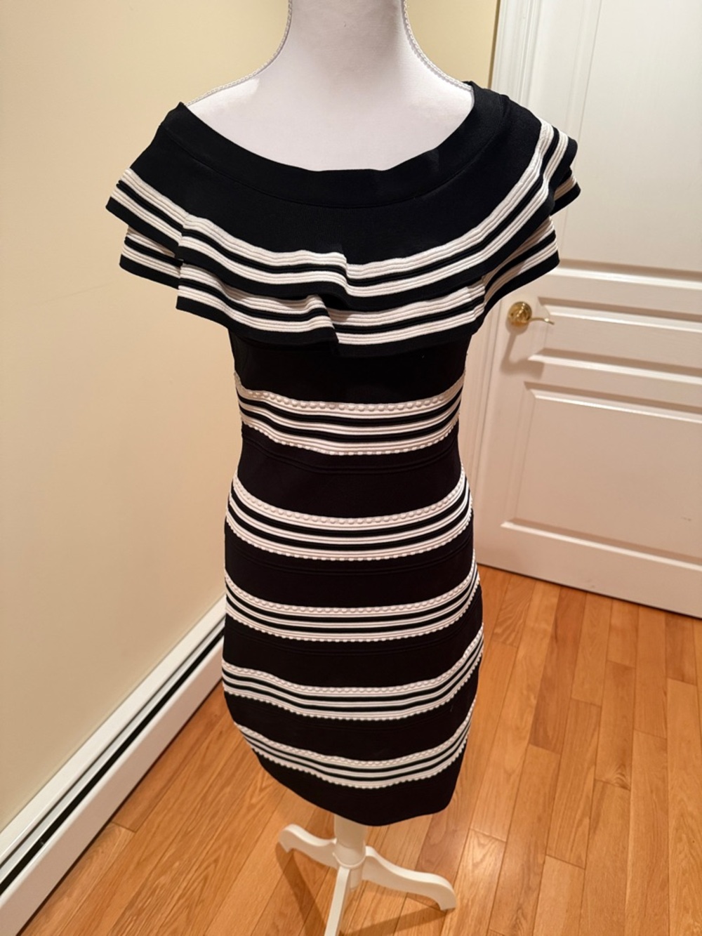 Frank Lyman Design Black and White Striped Ruffle Midi Dress